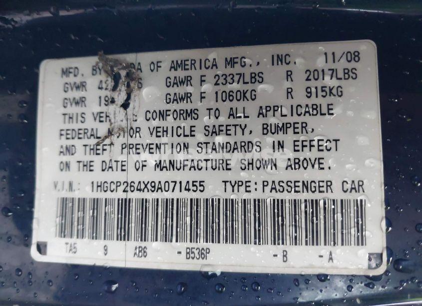 Photo 9 of 2009 Honda Accord 2.4 LX-P (VIN 1HGCP264X9A071455)