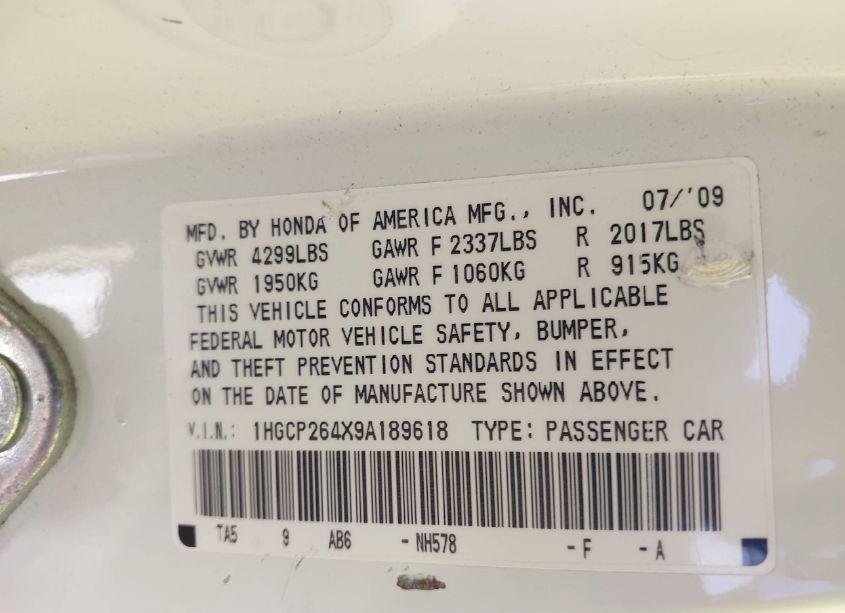 Photo 8 of 2009 Honda Accord LXP (VIN 1HGCP264X9A189618)