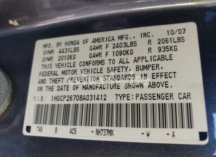 Photo 9 of 2008 Honda Accord 2.4 EX (VIN 1HGCP26708A031412)