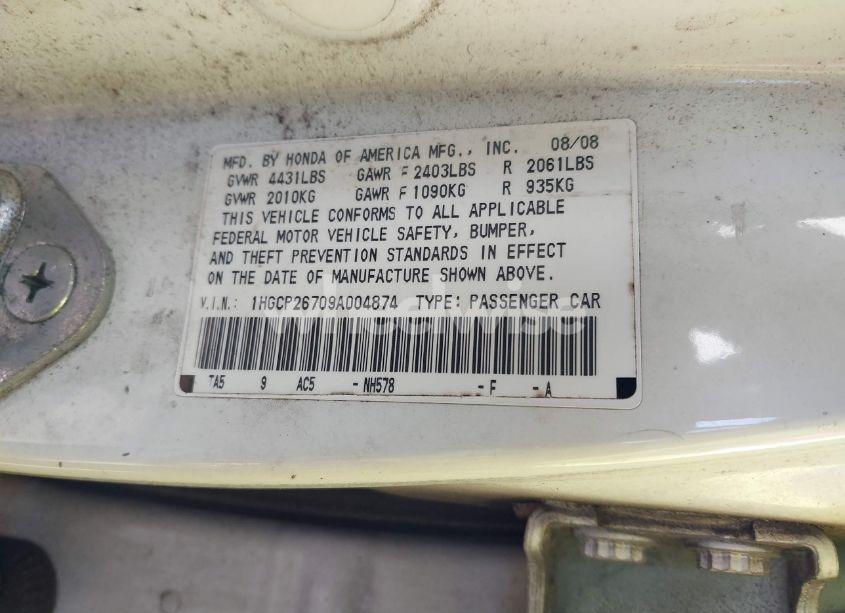 Photo 9 of 2009 Honda Accord 2.4 EX (VIN 1HGCP26709A004874)