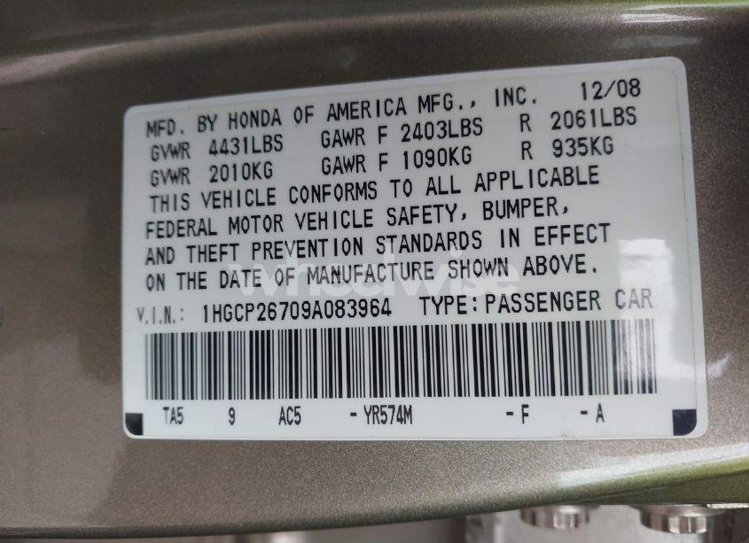 Photo 9 of 2009 Honda Accord SDN (VIN 1HGCP26709A083964)