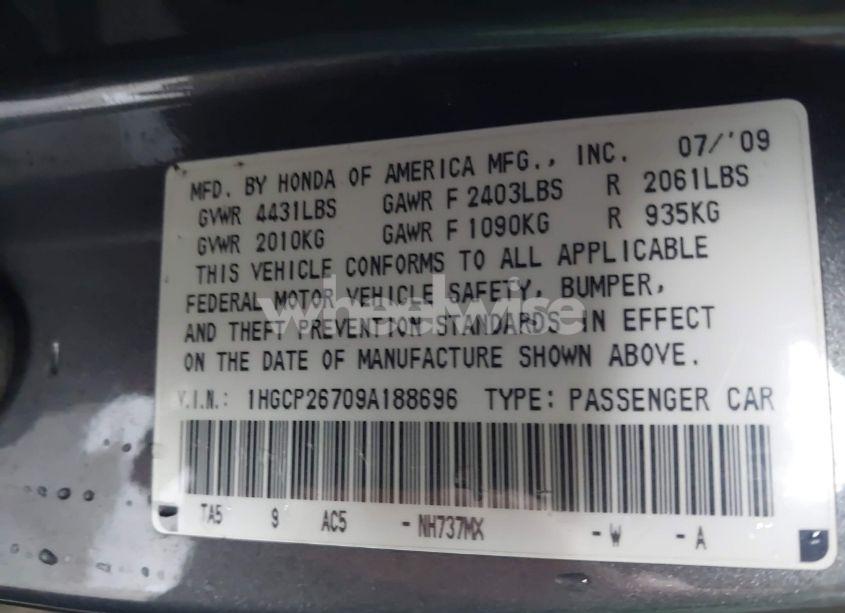 Photo 9 of 2009 Honda Accord 2.4 EX (VIN 1HGCP26709A188696)