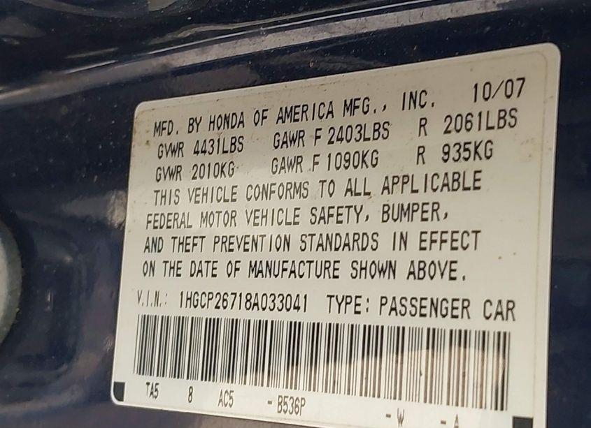 Photo 9 of 2008 Honda Accord 2.4 EX (VIN 1HGCP26718A033041)