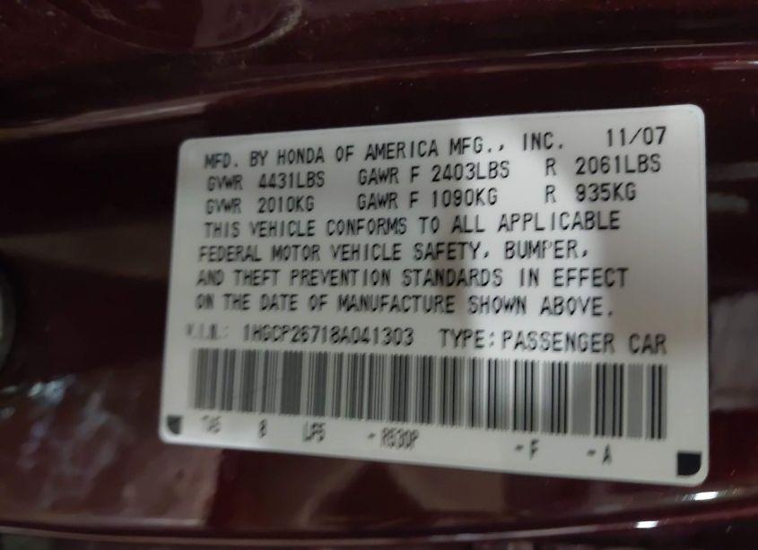 Photo 9 of 2008 Honda Accord 2.4 EX (VIN 1HGCP26718A041303)