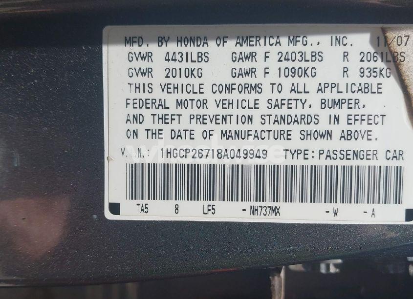 Photo 9 of 2008 Honda Accord 2.4 EX (VIN 1HGCP26718A049949)
