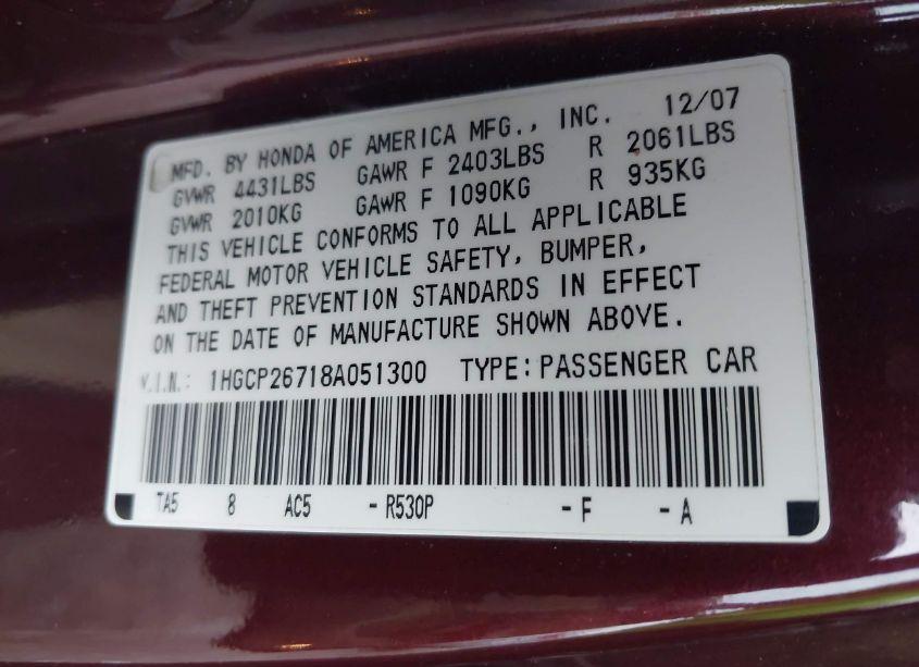 Photo 9 of 2008 Honda Accord 2.4 EX (VIN 1HGCP26718A051300)