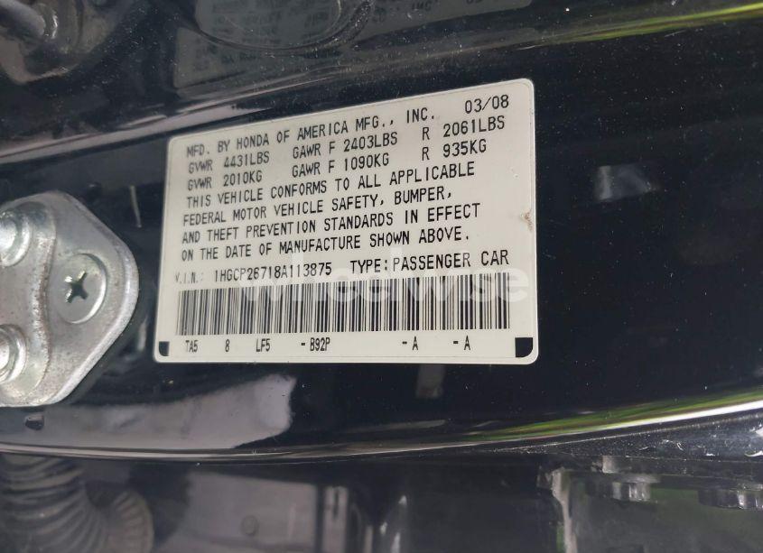 Photo 9 of 2008 Honda Accord 2.4 EX (VIN 1HGCP26718A113875)