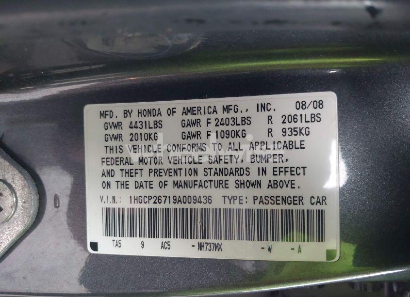 Photo 9 of 2009 Honda Accord 2.4 EX (VIN 1HGCP26719A009436)