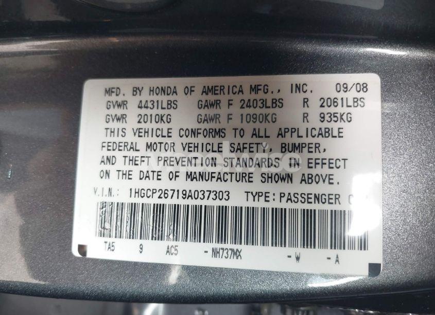Photo 9 of 2009 Honda Accord 2.4 EX (VIN 1HGCP26719A037303)