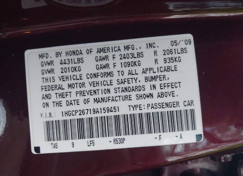 Photo 9 of 2009 Honda Accord 2.4 EX (VIN 1HGCP26719A159451)