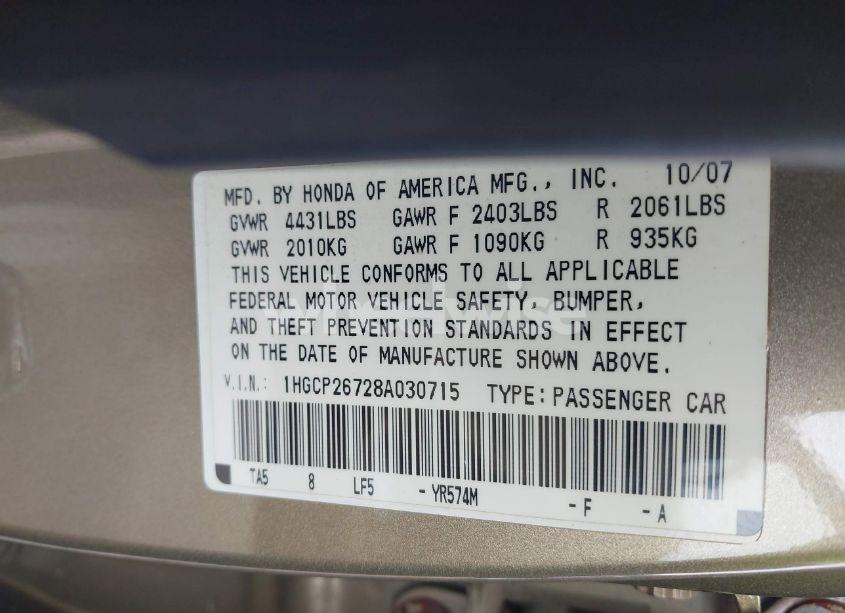 Photo 9 of 2008 Honda Accord 2.4 EX (VIN 1HGCP26728A030715)