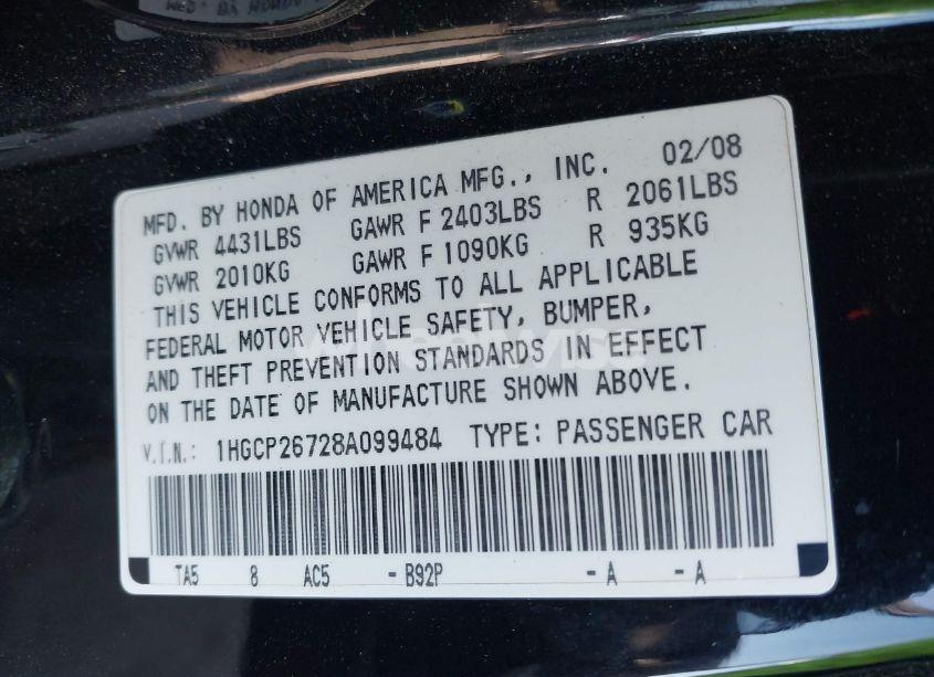 Photo 9 of 2008 Honda Accord 2.4 EX (VIN 1HGCP26728A099484)
