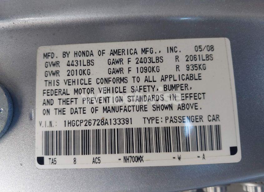 Photo 9 of 2008 Honda Accord 2.4 EX (VIN 1HGCP26728A133391)