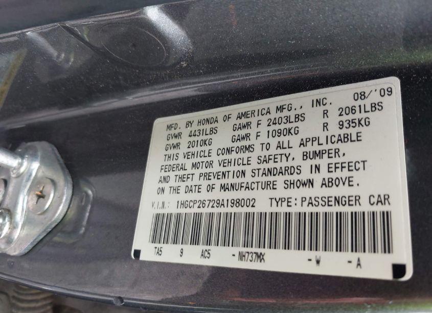 Photo 9 of 2009 Honda Accord 2.4 EX (VIN 1HGCP26729A198002)