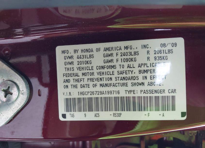 Photo 9 of 2009 Honda Accord 2.4 EX (VIN 1HGCP26729A199716)