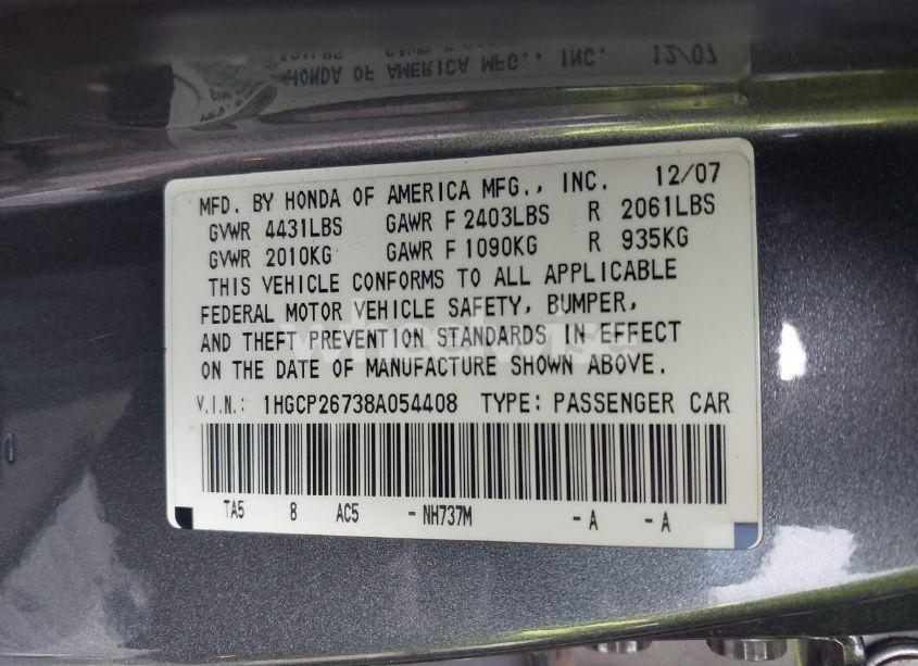 Photo 9 of 2008 Honda Accord 2.4 EX (VIN 1HGCP26738A054408)