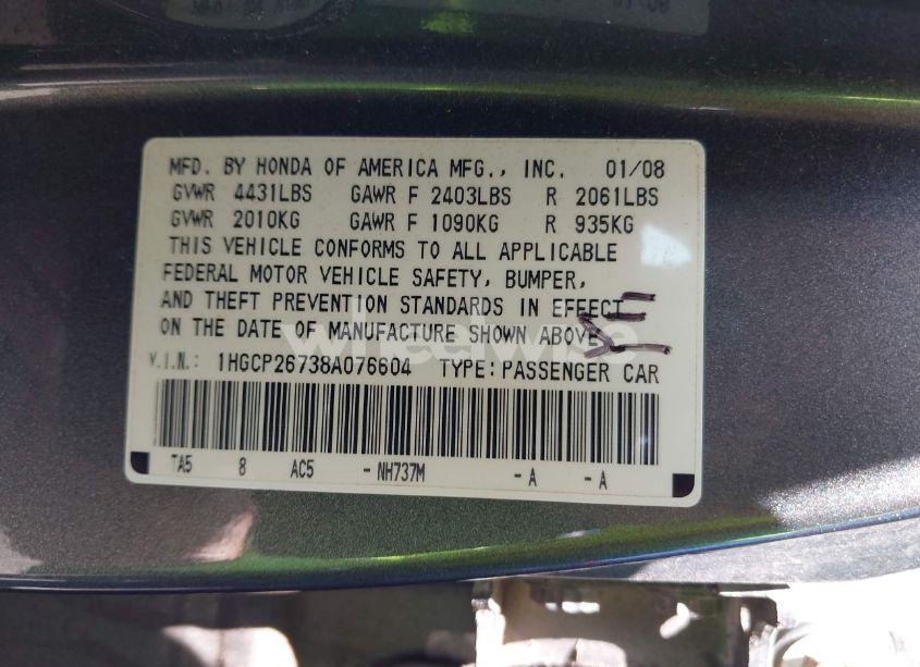 Photo 9 of 2008 Honda Accord 2.4 EX (VIN 1HGCP26738A076604)