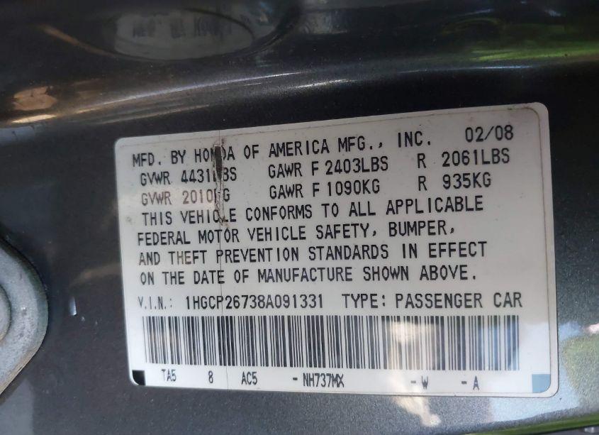 Photo 9 of 2008 Honda Accord 2.4 EX (VIN 1HGCP26738A091331)
