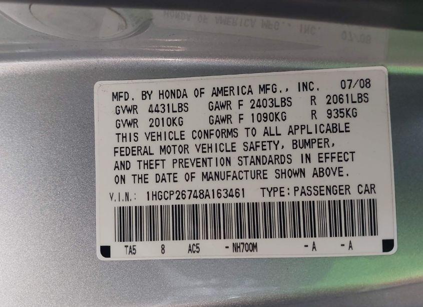 Photo 9 of 2008 Honda Accord 2.4 EX (VIN 1HGCP26748A163461)