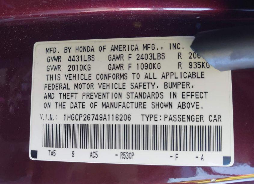 Photo 9 of 2009 Honda Accord 2.4 EX (VIN 1HGCP26749A116206)