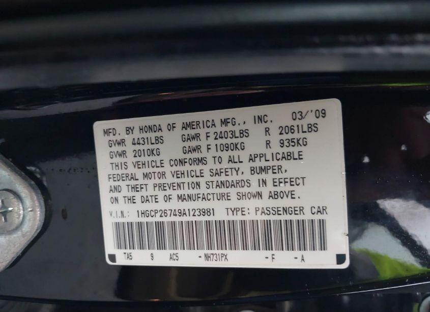 Photo 9 of 2009 Honda Accord 2.4 EX (VIN 1HGCP26749A123981)