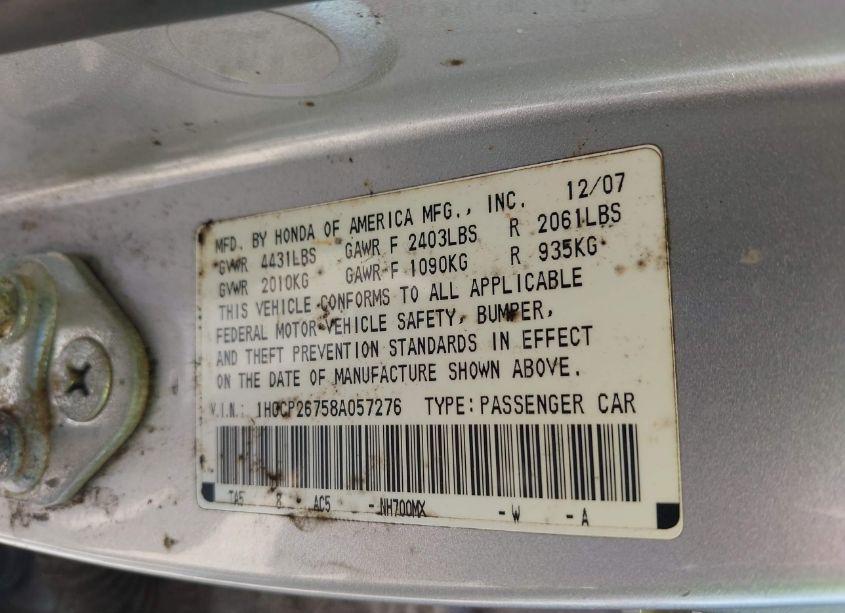 Photo 9 of 2008 Honda Accord 2.4 EX (VIN 1HGCP26758A057276)