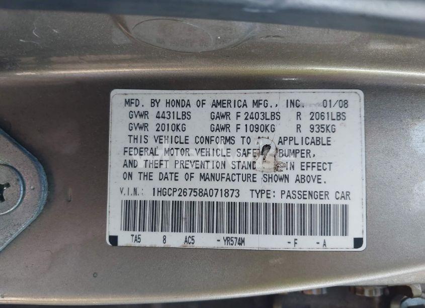 Photo 9 of 2008 Honda Accord 2.4 EX (VIN 1HGCP26758A071873)