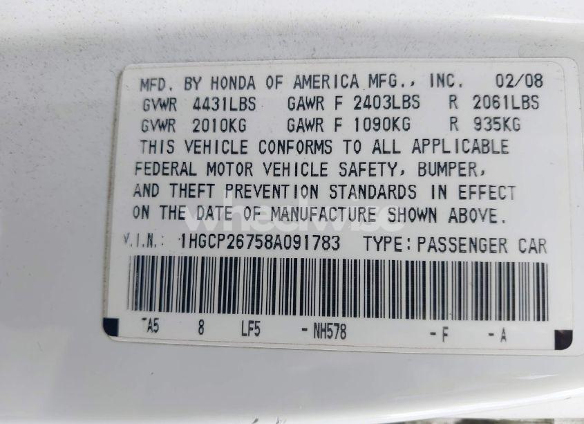 Photo 9 of 2008 Honda Accord 2.4 EX (VIN 1HGCP26758A091783)