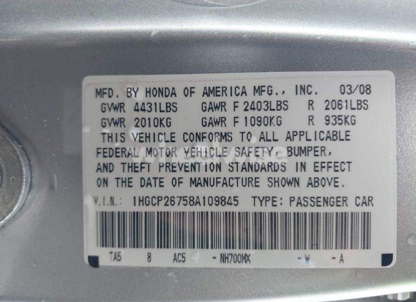 Photo 9 of 2008 Honda Accord 2.4 EX (VIN 1HGCP26758A109845)