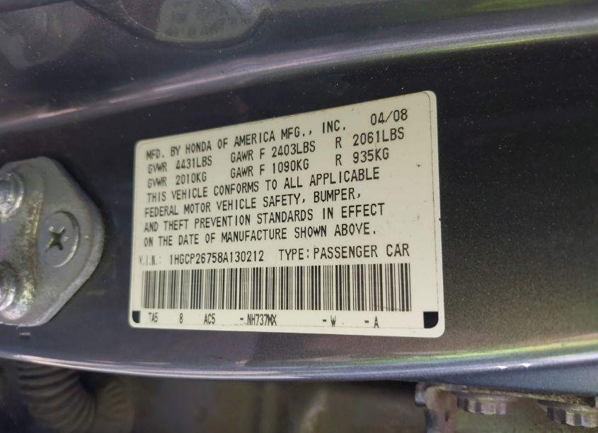 Photo 9 of 2008 Honda Accord 2.4 EX (VIN 1HGCP26758A130212)