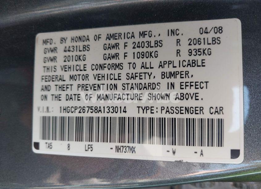Photo 9 of 2008 Honda Accord 2.4 EX (VIN 1HGCP26758A133014)
