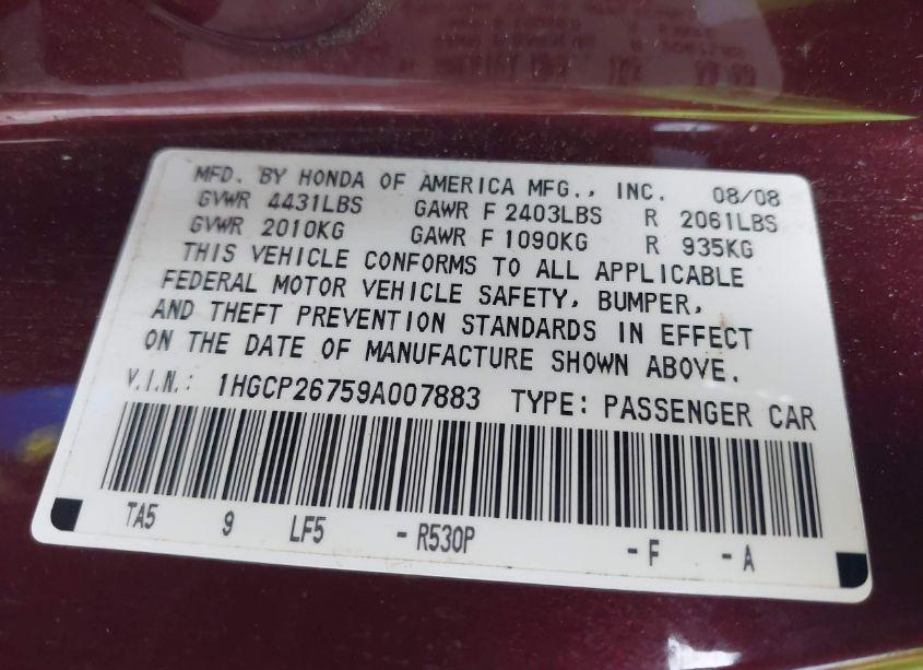 Photo 9 of 2009 Honda Accord 2.4 EX (VIN 1HGCP26759A007883)