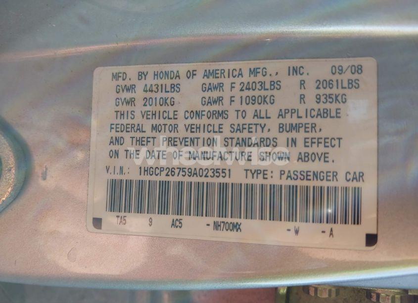 Photo 9 of 2009 Honda Accord 2.4 EX (VIN 1HGCP26759A023551)