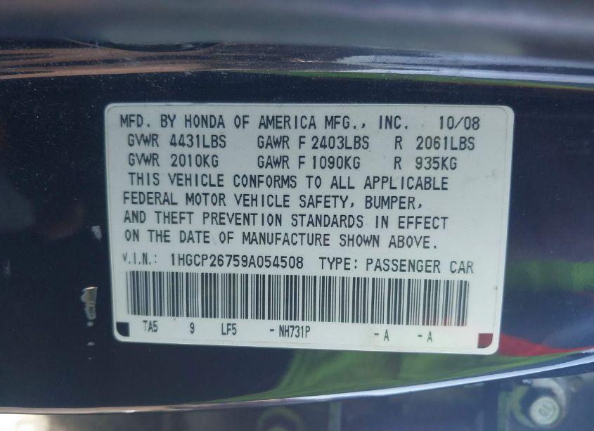 Photo 9 of 2009 Honda Accord 2.4 EX (VIN 1HGCP26759A054508)