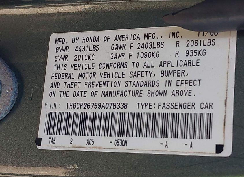 Photo 9 of 2009 Honda Accord 2.4 EX (VIN 1HGCP26759A078338)