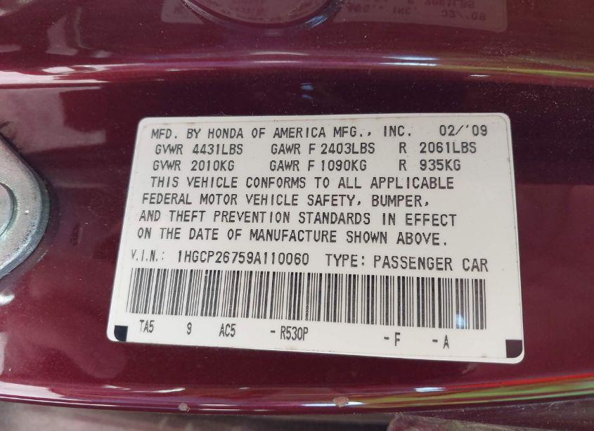 Photo 9 of 2009 Honda Accord 2.4 EX (VIN 1HGCP26759A110060)