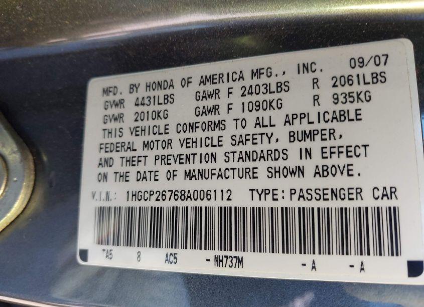 Photo 9 of 2008 Honda Accord 2.4 EX (VIN 1HGCP26768A006112)