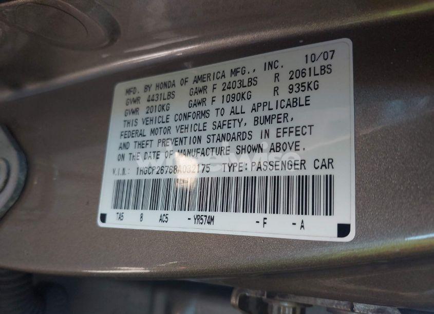 Photo 9 of 2008 Honda Accord 2.4 EX (VIN 1HGCP26768A032175)