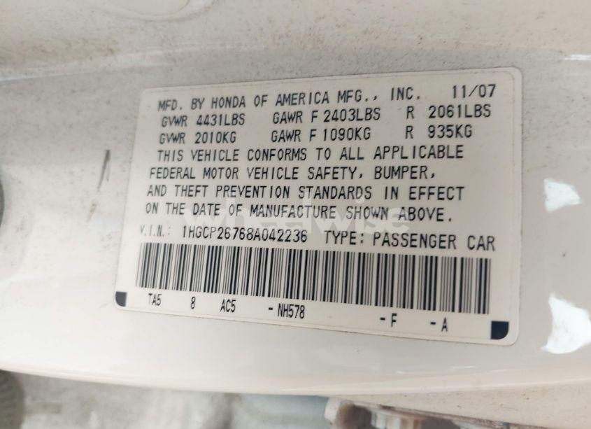 Photo 9 of 2008 Honda Accord 2.4 EX (VIN 1HGCP26768A042236)