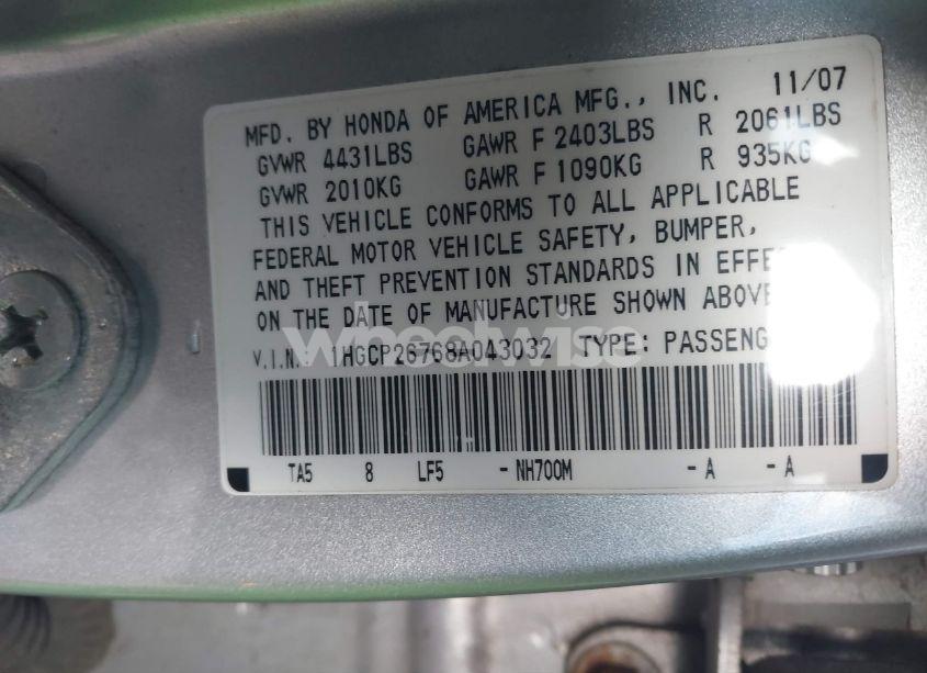 Photo 9 of 2008 Honda Accord 2.4 EX (VIN 1HGCP26768A043032)