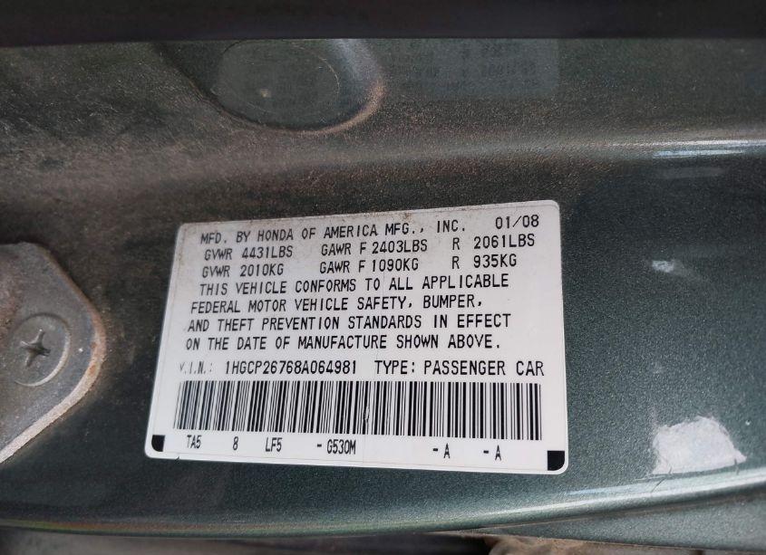 Photo 9 of 2008 Honda Accord 2.4 EX (VIN 1HGCP26768A064981)