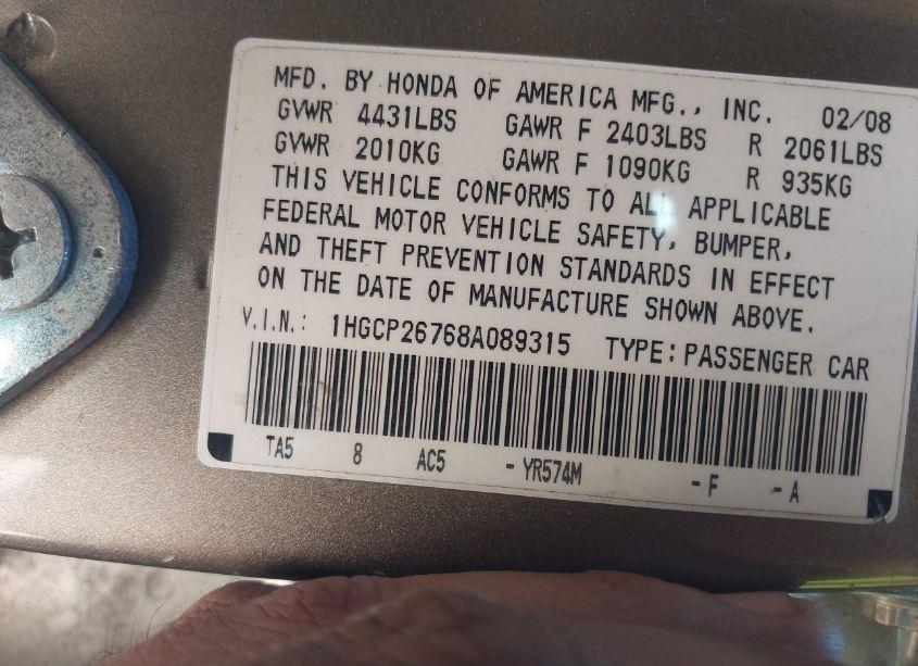 Photo 9 of 2008 Honda Accord 2.4 EX (VIN 1HGCP26768A089315)
