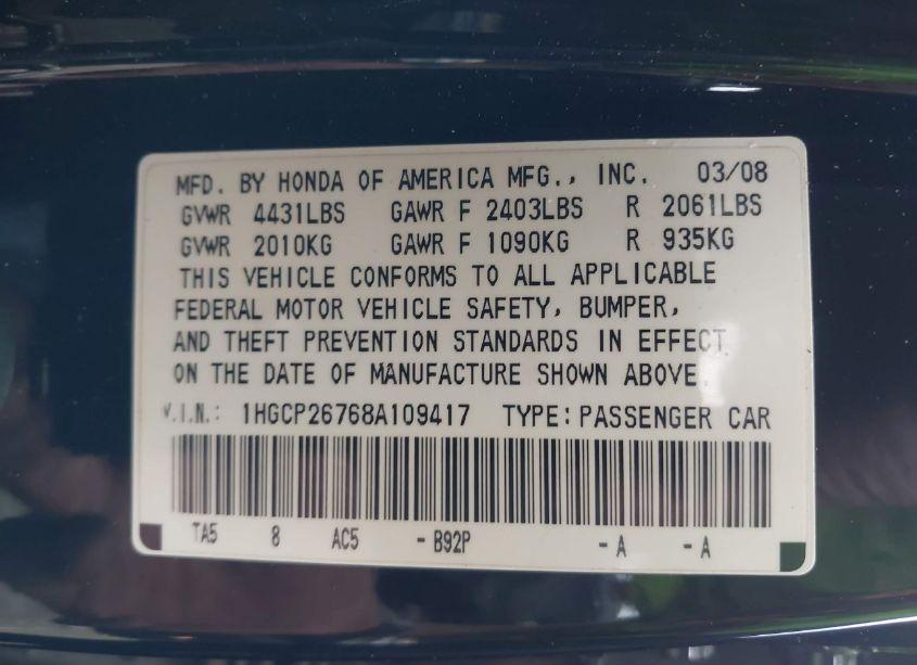 Photo 9 of 2008 Honda Accord 2.4 EX (VIN 1HGCP26768A109417)