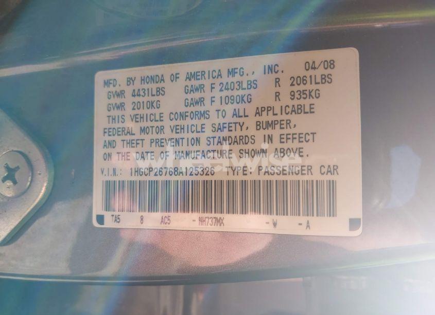 Photo 9 of 2008 Honda Accord 2.4 EX (VIN 1HGCP26768A125326)