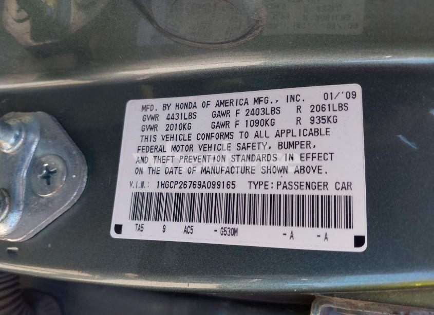 Photo 9 of 2009 Honda Accord 2.4 EX (VIN 1HGCP26769A099165)