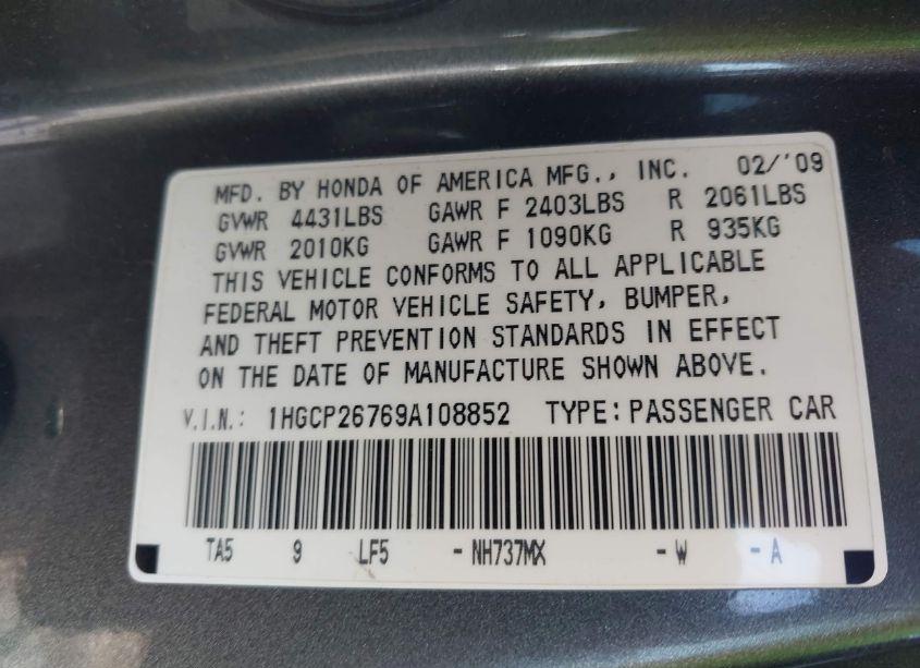 Photo 9 of 2009 Honda Accord 2.4 EX (VIN 1HGCP26769A108852)