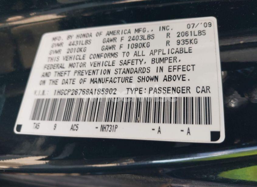 Photo 9 of 2009 Honda Accord 2.4 EX (VIN 1HGCP26769A185902)