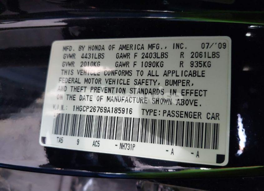 Photo 9 of 2009 Honda Accord 2.4 EX (VIN 1HGCP26769A185916)