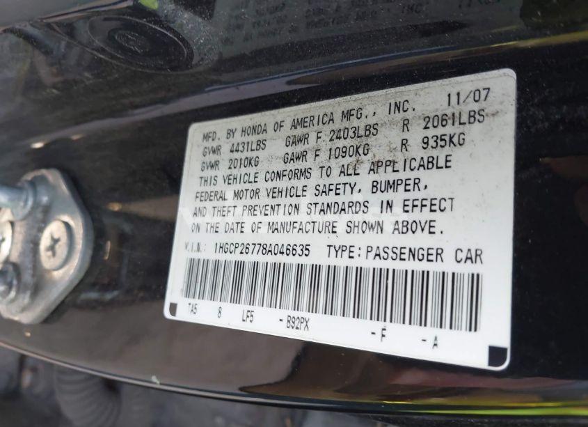 Photo 9 of 2008 Honda Accord 2.4 EX (VIN 1HGCP26778A046635)