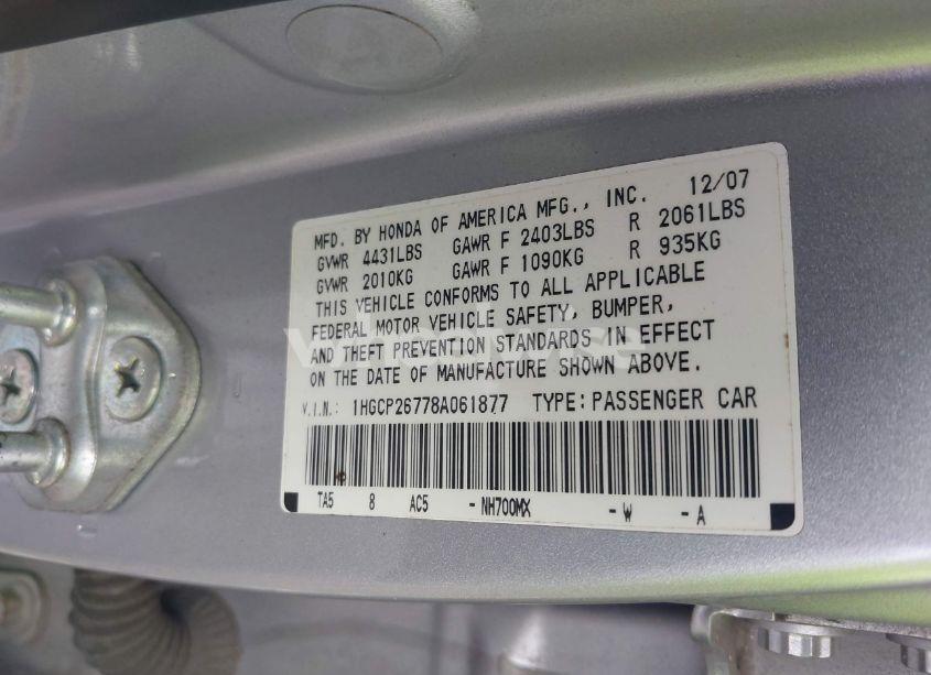 Photo 9 of 2008 Honda Accord 2.4 EX (VIN 1HGCP26778A061877)